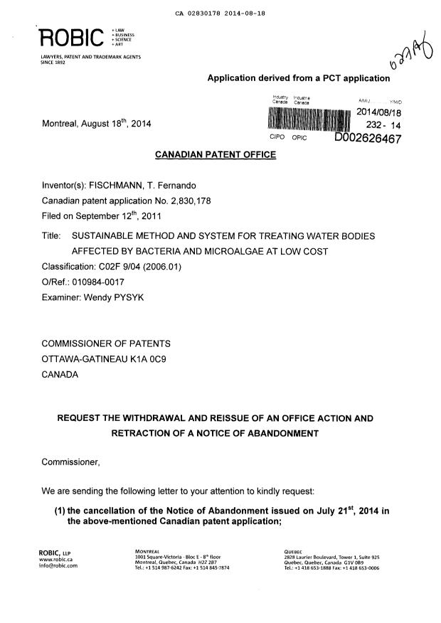 Canadian Patent Document 2830178. Prosecution-Amendment 20131218. Image 1 of 10