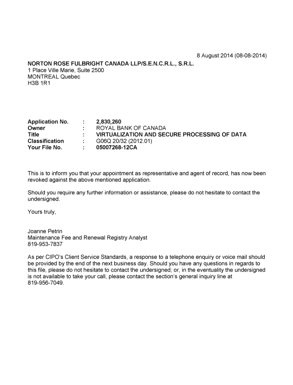 Document de brevet canadien 2830260. Correspondance 20140808. Image 1 de 1