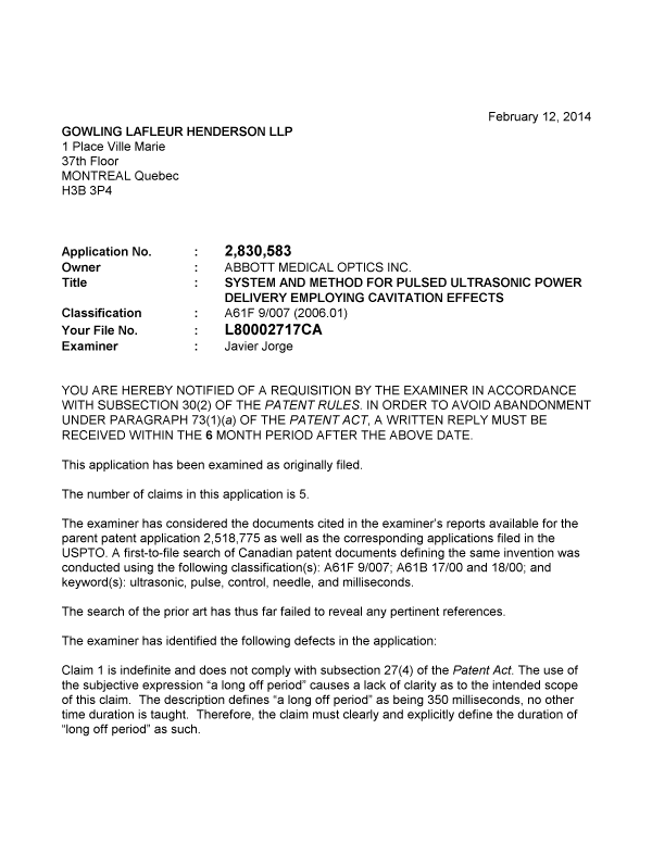 Canadian Patent Document 2830583. Prosecution-Amendment 20140212. Image 1 of 2