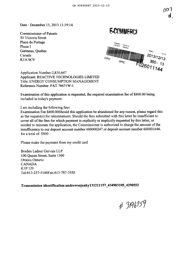 Document de brevet canadien 2830647. Poursuite-Amendment 20121213. Image 1 de 1