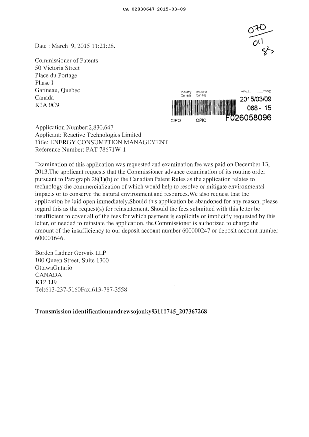 Document de brevet canadien 2830647. Correspondance 20141209. Image 1 de 1
