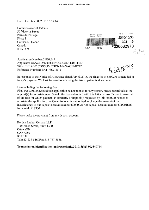 Document de brevet canadien 2830647. Correspondance 20141230. Image 1 de 1