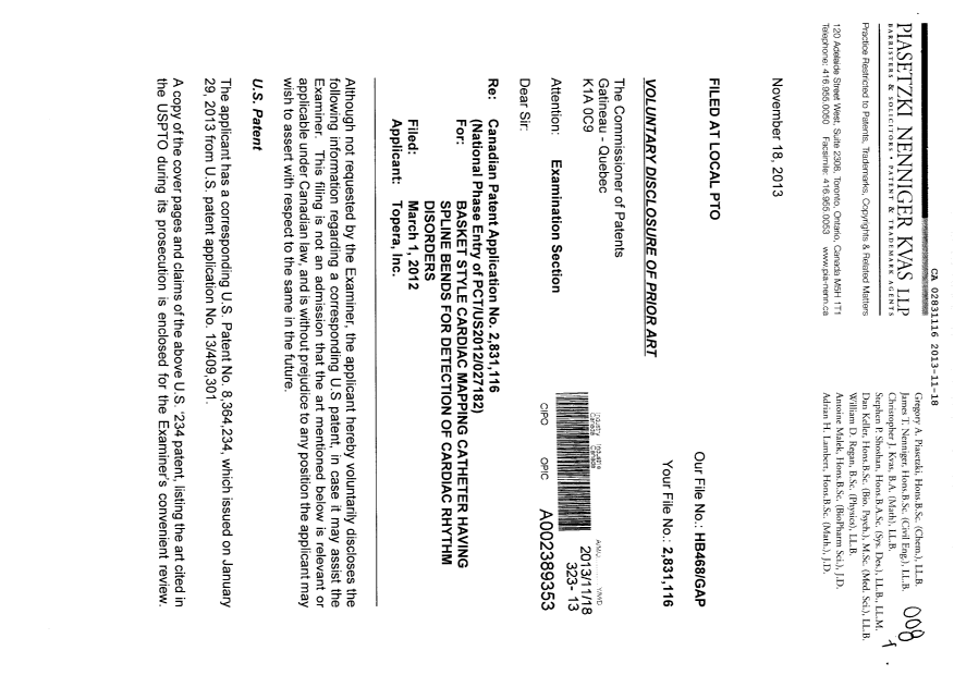 Canadian Patent Document 2831116. Prosecution-Amendment 20131118. Image 1 of 2