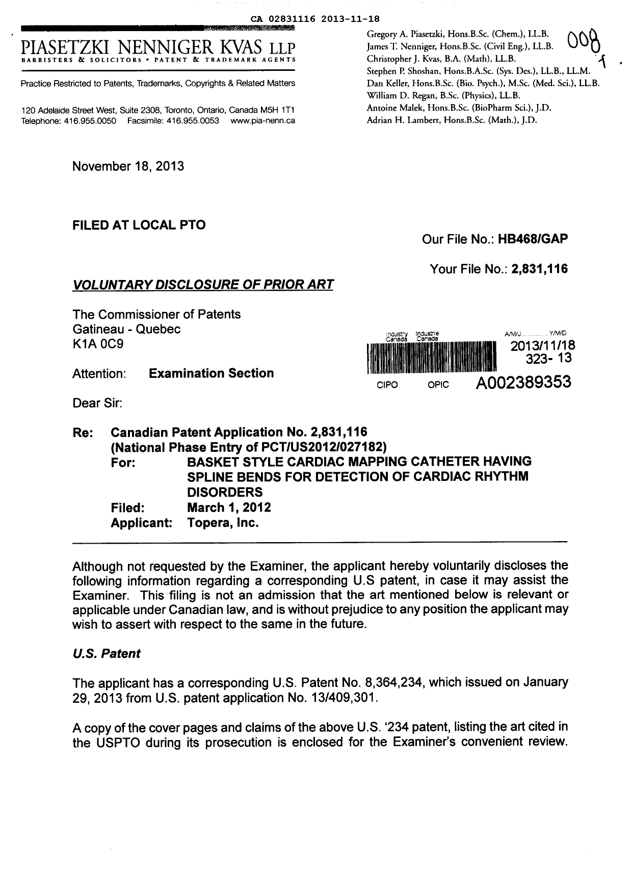 Document de brevet canadien 2831116. Poursuite-Amendment 20131118. Image 1 de 2