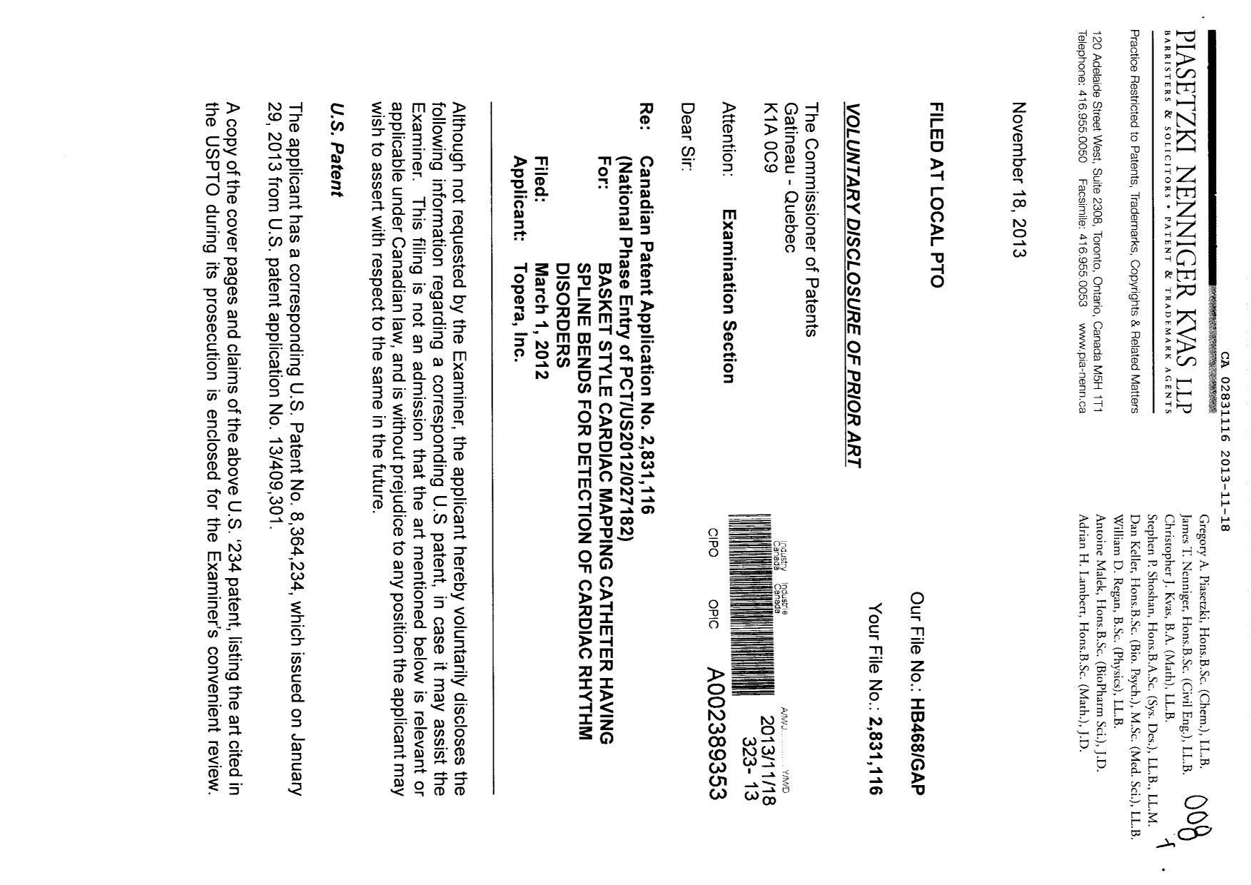 Canadian Patent Document 2831116. Prosecution-Amendment 20131118. Image 1 of 2