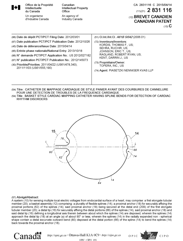 Document de brevet canadien 2831116. Page couverture 20150316. Image 1 de 1