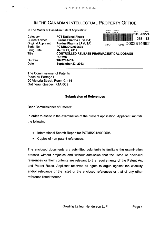 Document de brevet canadien 2831218. Poursuite-Amendment 20121224. Image 1 de 2