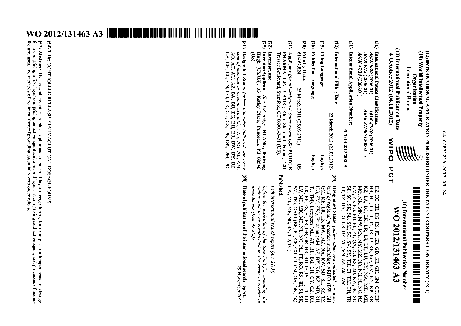 Document de brevet canadien 2831218. Abrégé 20121224. Image 1 de 1
