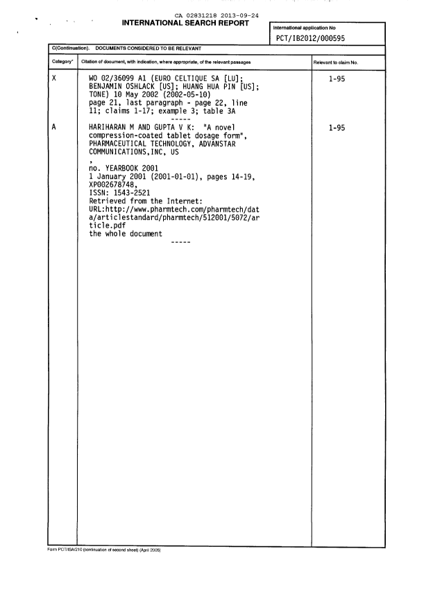 Canadian Patent Document 2831218. Correspondence 20121224. Image 2 of 9