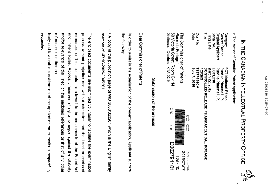 Canadian Patent Document 2831218. Prosecution-Amendment 20141207. Image 1 of 2