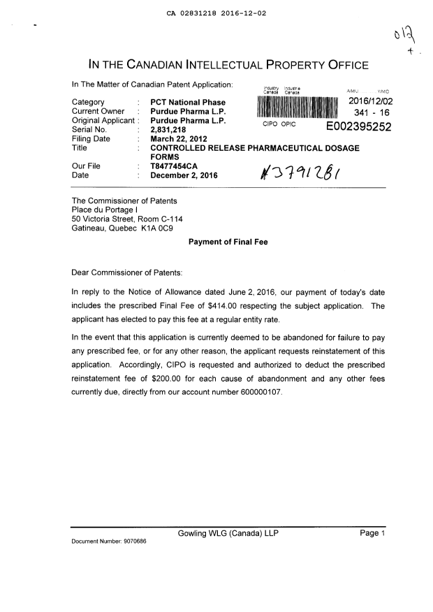 Document de brevet canadien 2831218. Correspondance 20151202. Image 1 de 2