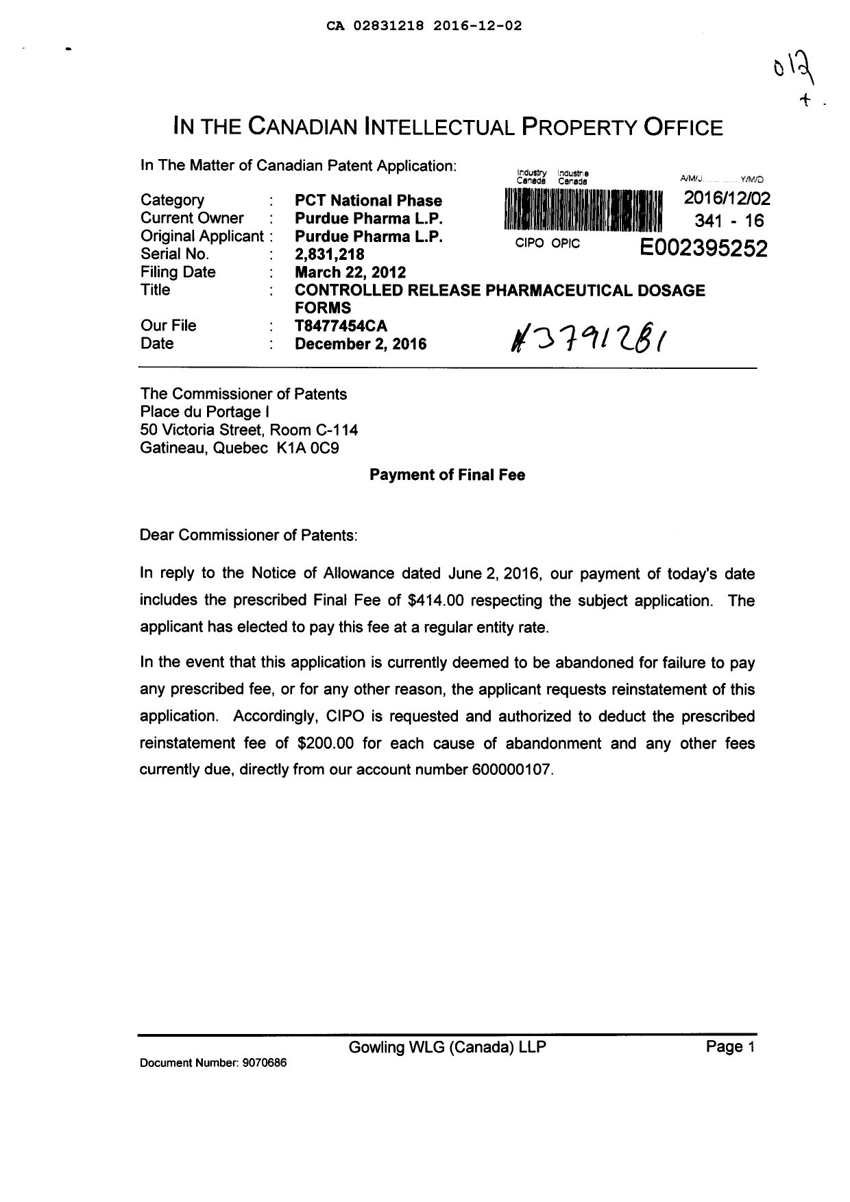 Canadian Patent Document 2831218. Correspondence 20151202. Image 1 of 2