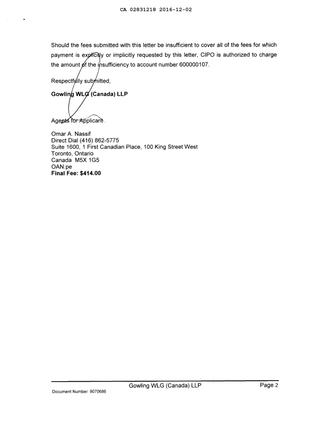 Document de brevet canadien 2831218. Correspondance 20151202. Image 2 de 2