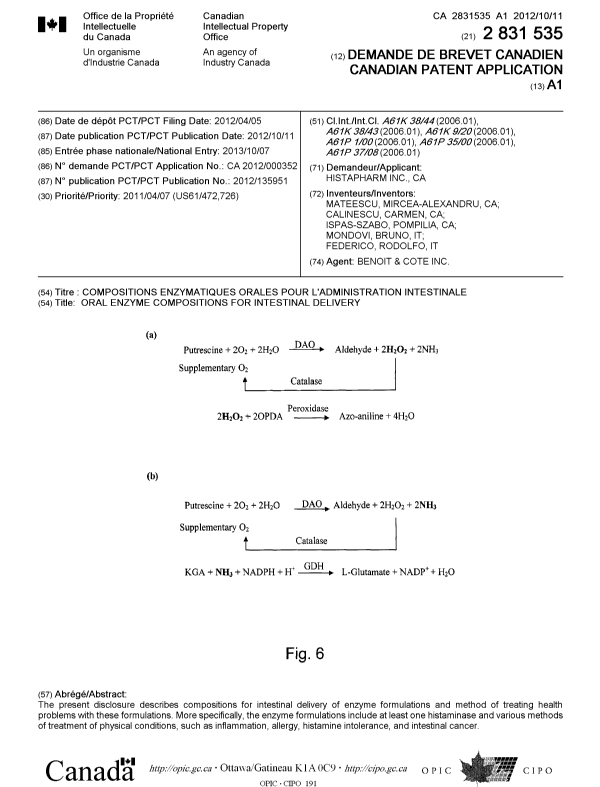 Document de brevet canadien 2831535. Page couverture 20131118. Image 1 de 1