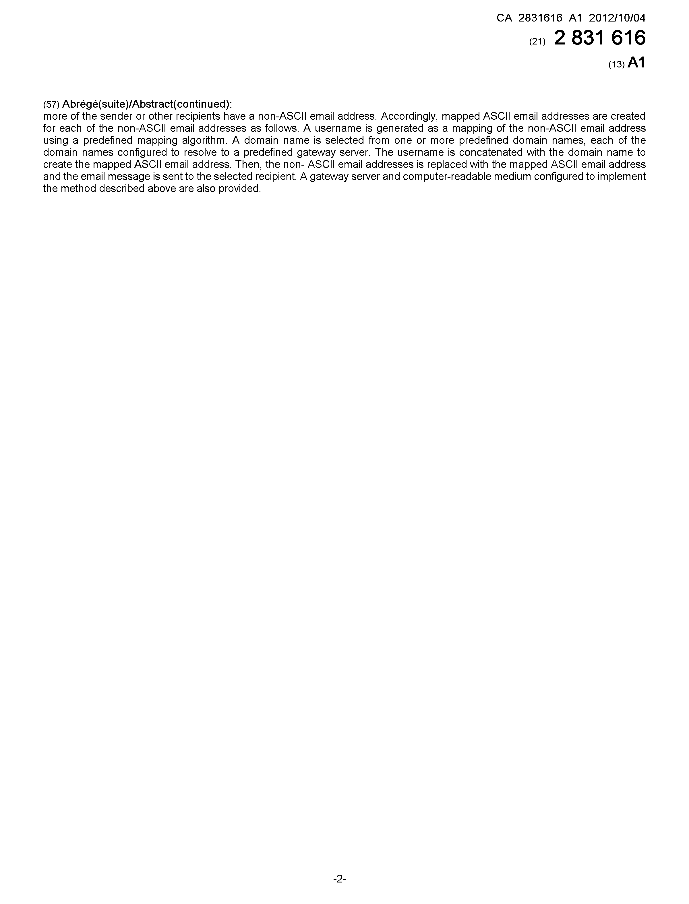 Canadian Patent Document 2831616. Cover Page 20121215. Image 2 of 2