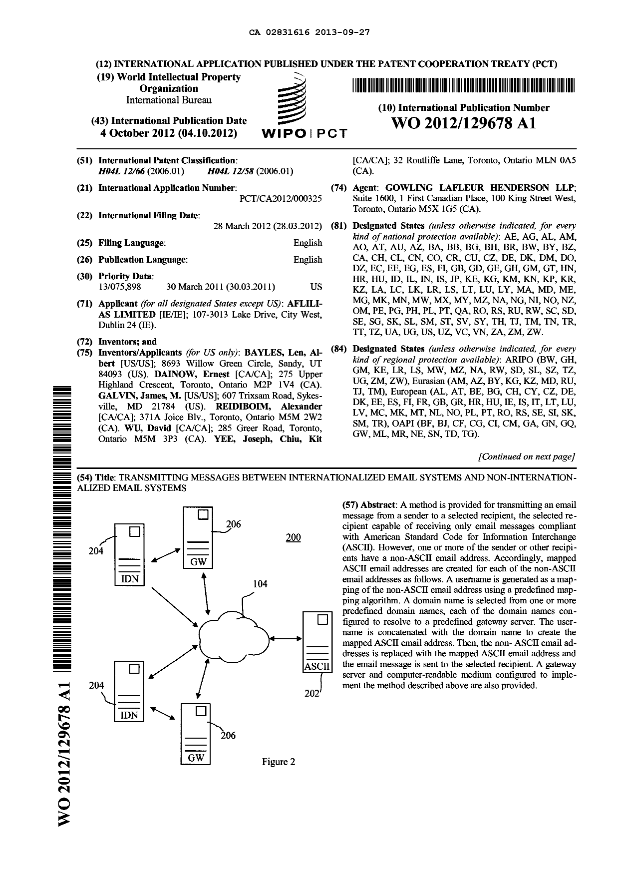 Document de brevet canadien 2831616. Abrégé 20121227. Image 1 de 2