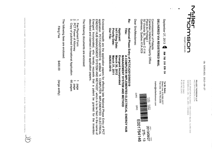 Document de brevet canadien 2831621. Cession 20130927. Image 1 de 2