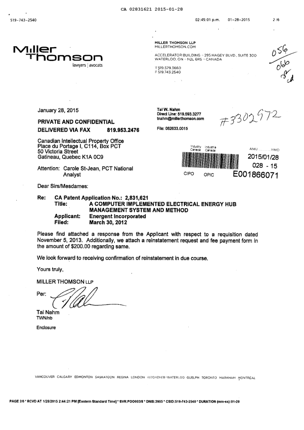 Document de brevet canadien 2831621. Correspondance 20141228. Image 1 de 5