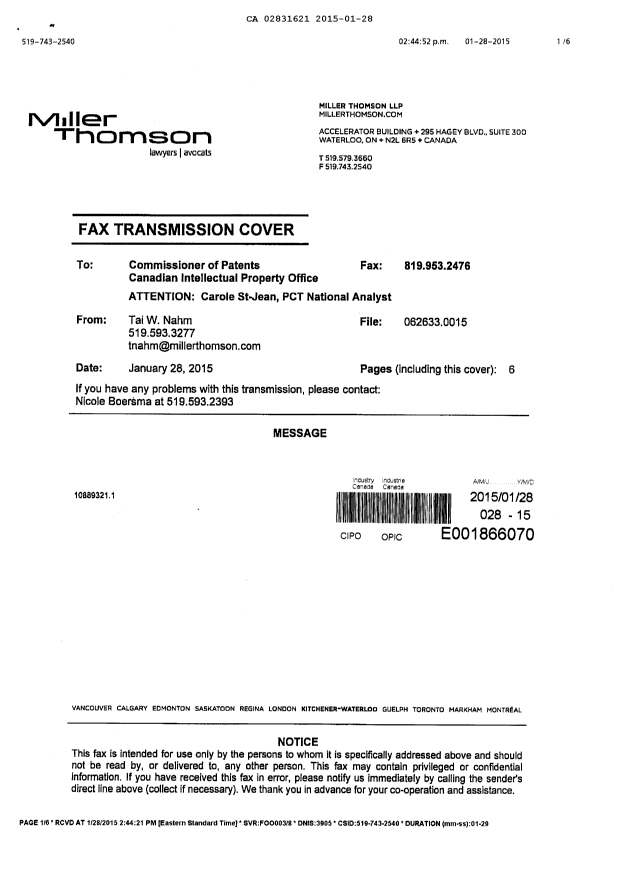 Document de brevet canadien 2831621. Correspondance 20141228. Image 5 de 5
