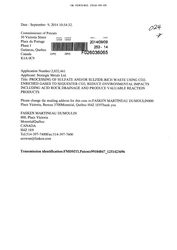 Canadian Patent Document 2832461. Correspondence 20131209. Image 1 of 1