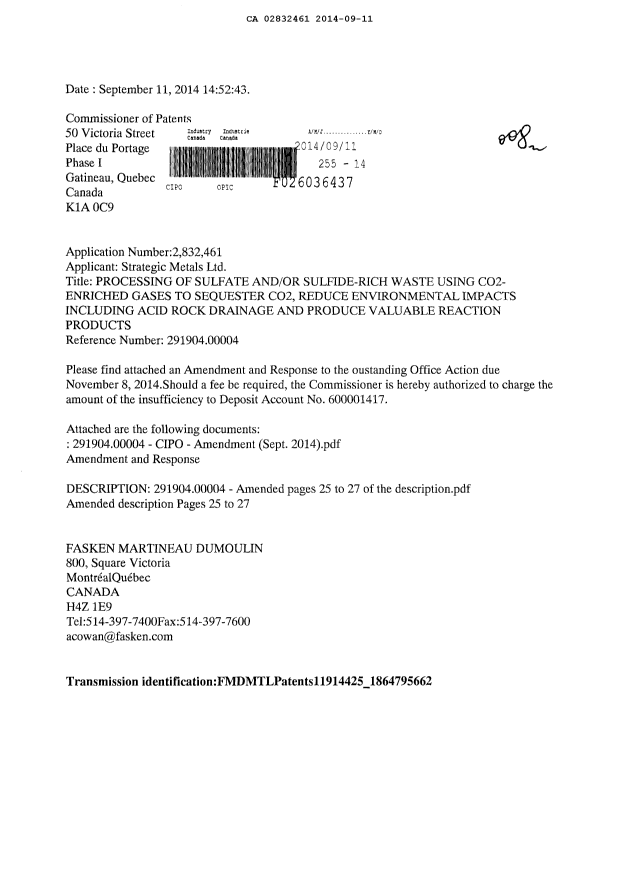 Document de brevet canadien 2832461. Poursuite-Amendment 20131211. Image 1 de 6
