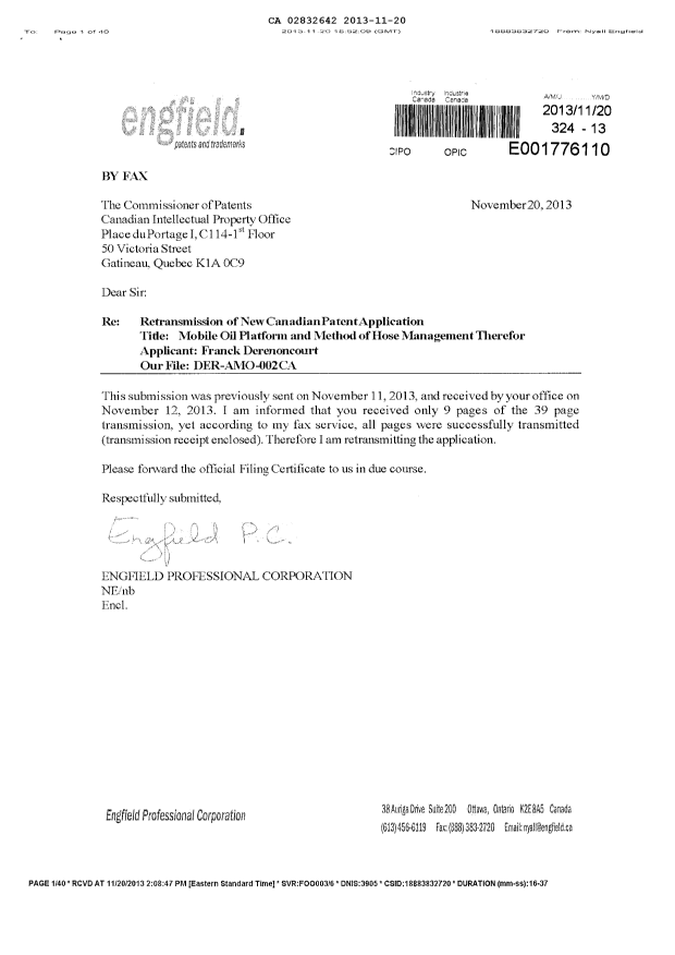 Canadian Patent Document 2832642. Correspondence 20121220. Image 1 of 40