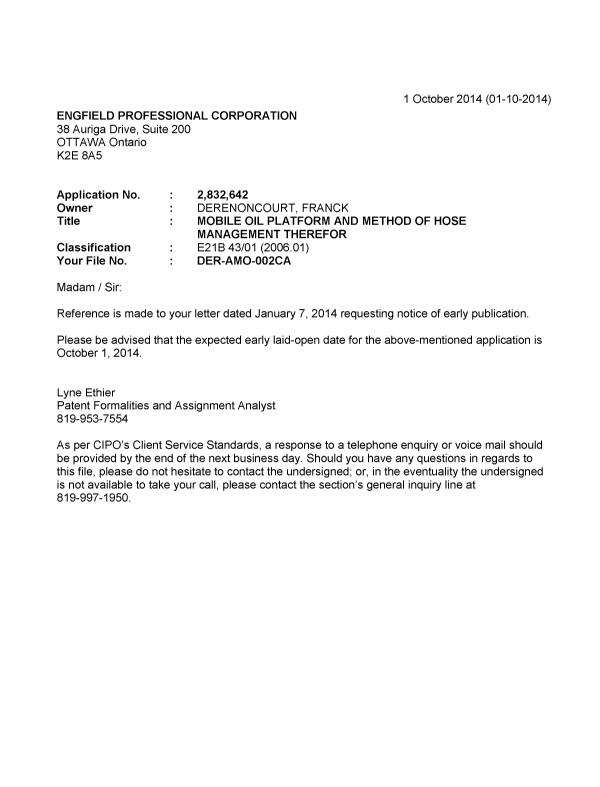 Document de brevet canadien 2832642. Correspondance 20131201. Image 1 de 1