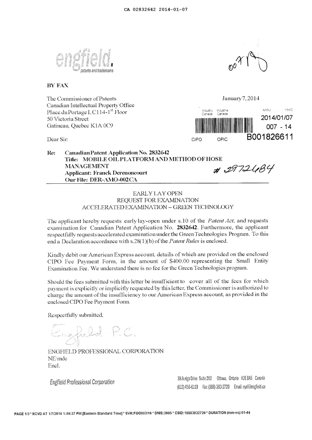Canadian Patent Document 2832642. Prosecution-Amendment 20131207. Image 1 of 2
