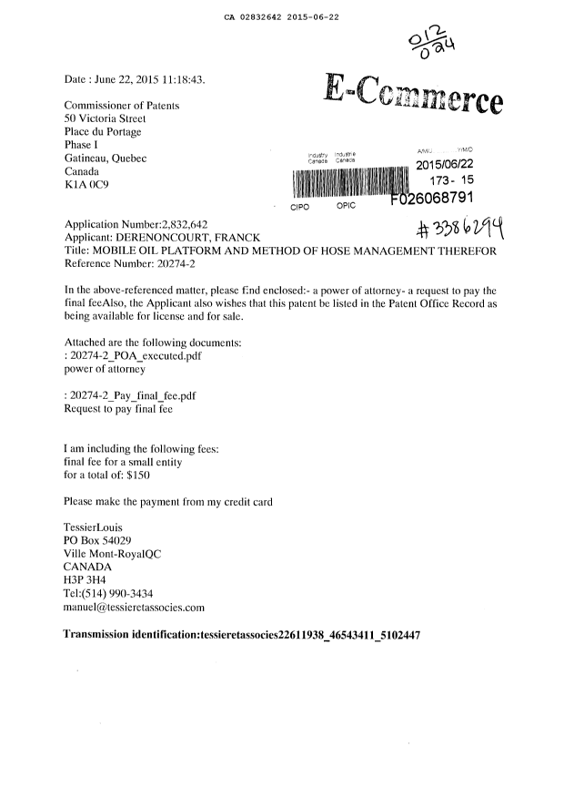 Document de brevet canadien 2832642. Correspondance 20141222. Image 1 de 3