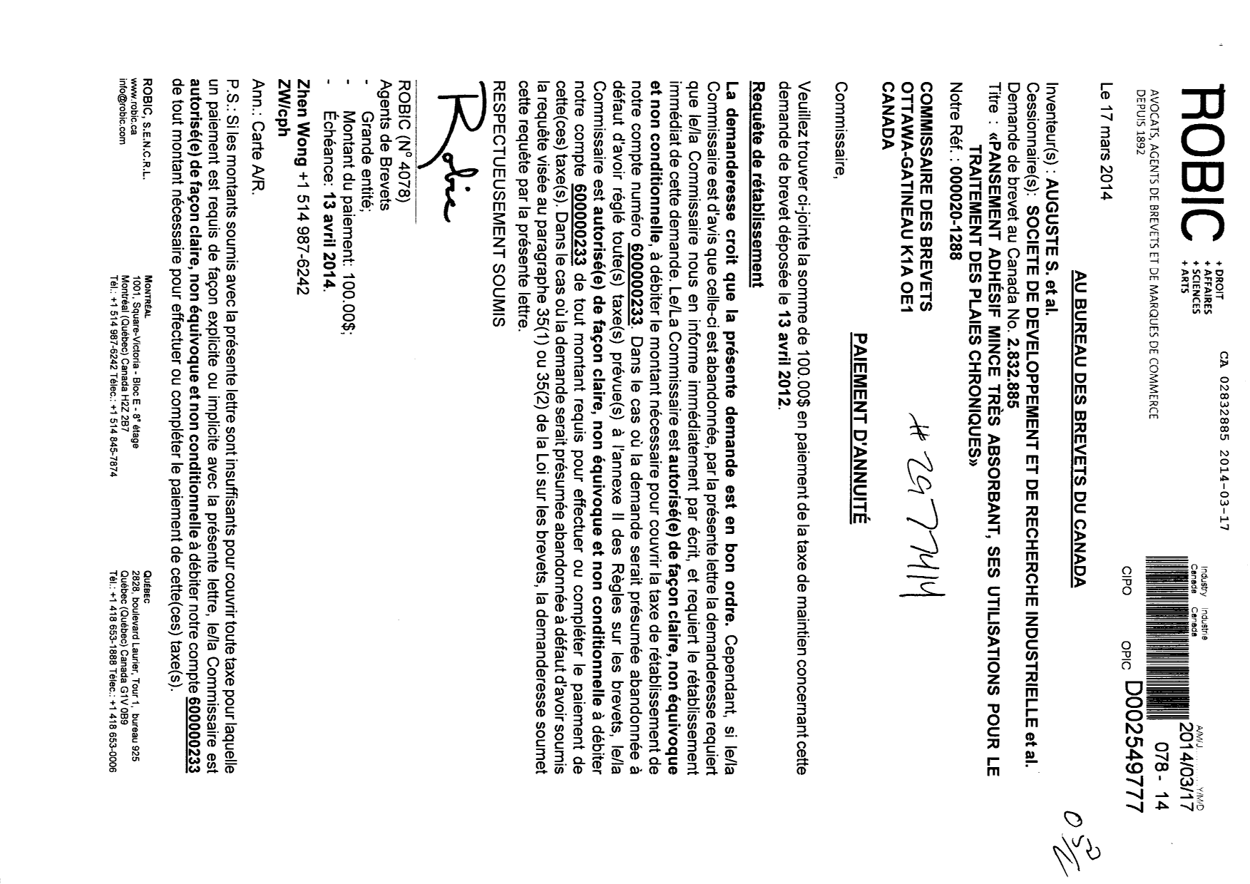 Canadian Patent Document 2832885. Fees 20131217. Image 1 of 1
