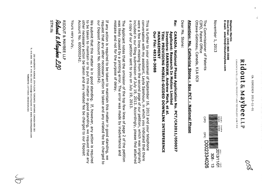 Document de brevet canadien 2832929. Correspondance 20131101. Image 1 de 1