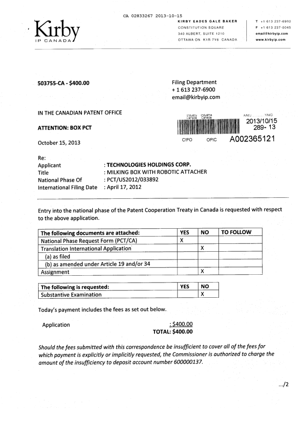Document de brevet canadien 2833267. Cession 20131015. Image 1 de 6