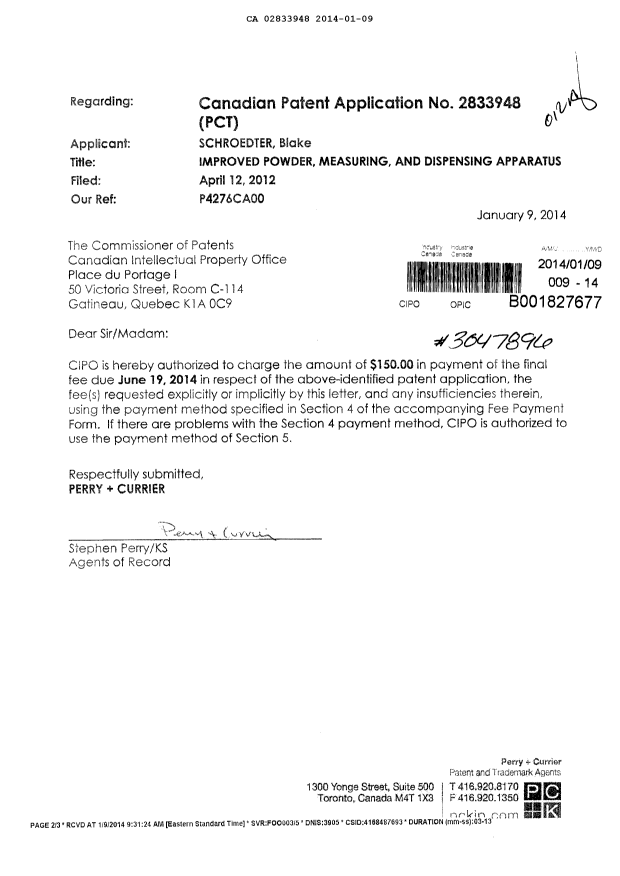 Canadian Patent Document 2833948. Correspondence 20140109. Image 1 of 2