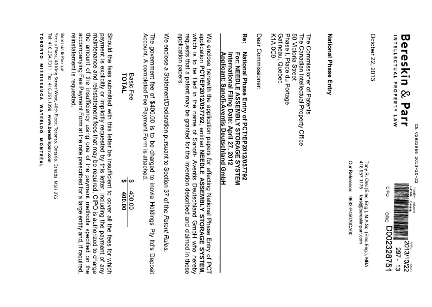 Canadian Patent Document 2833966. Assignment 20131022. Image 1 of 5