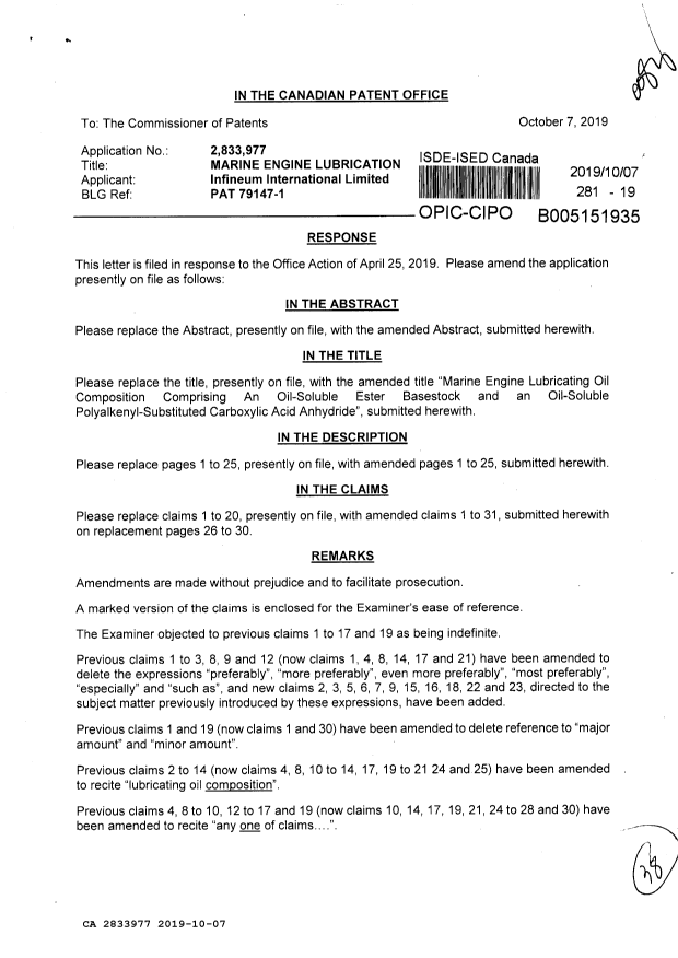 Canadian Patent Document 2833977. Amendment 20191007. Image 1 of 38