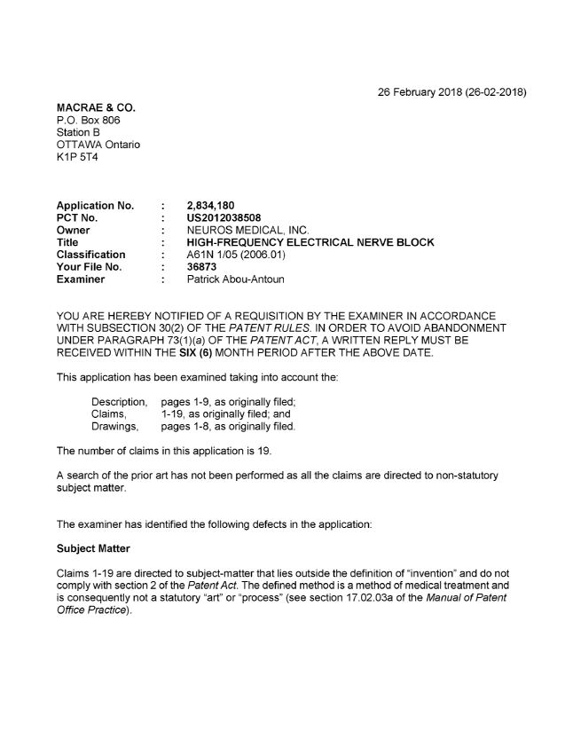 Document de brevet canadien 2834180. Demande d'examen 20180226. Image 1 de 3