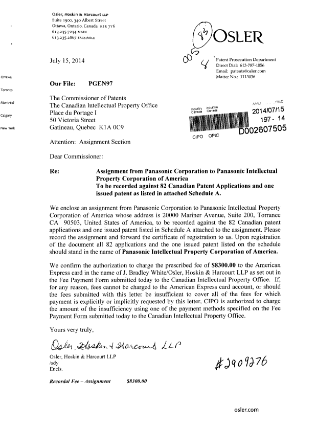Document de brevet canadien 2834191. Cession 20140715. Image 1 de 3