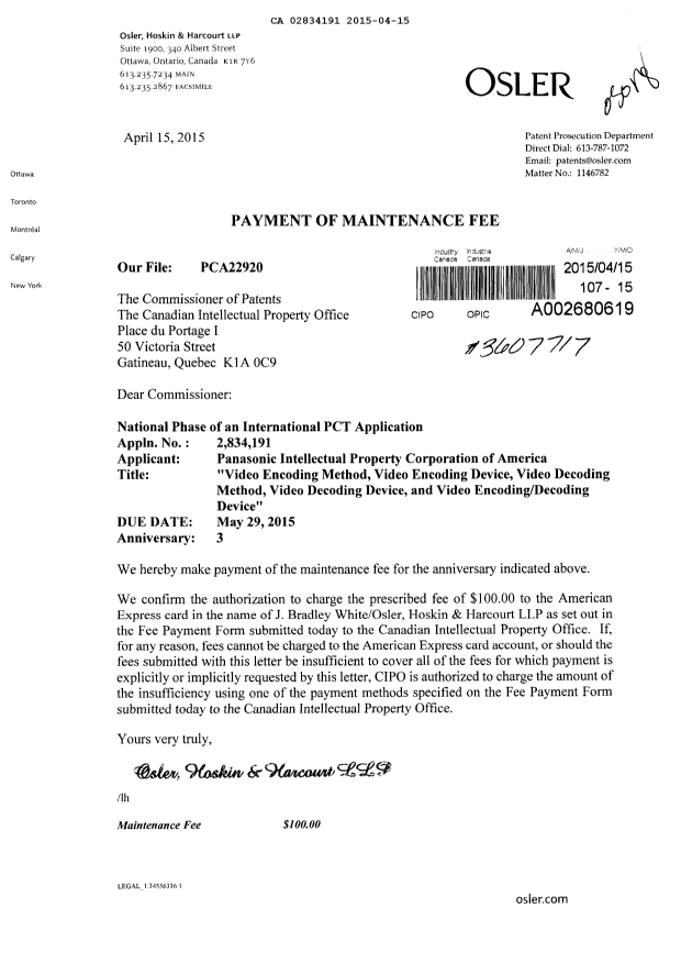 Canadian Patent Document 2834191. Fees 20150415. Image 1 of 1