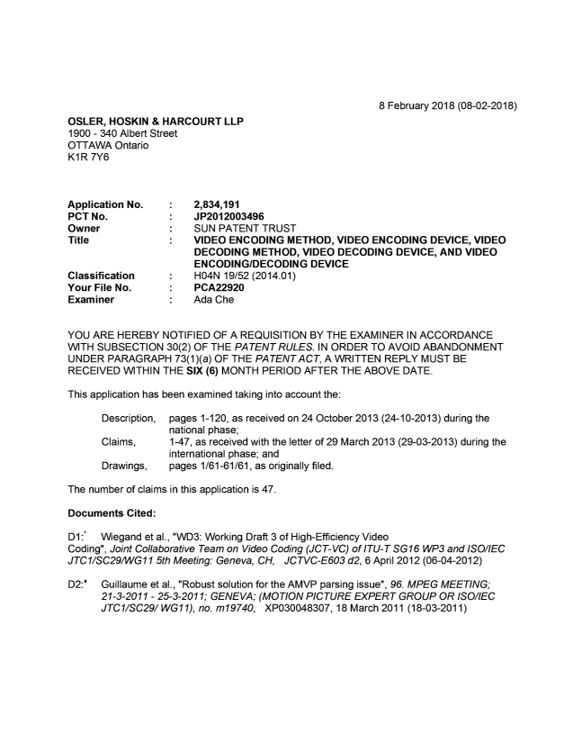Document de brevet canadien 2834191. Demande d'examen 20180208. Image 1 de 6