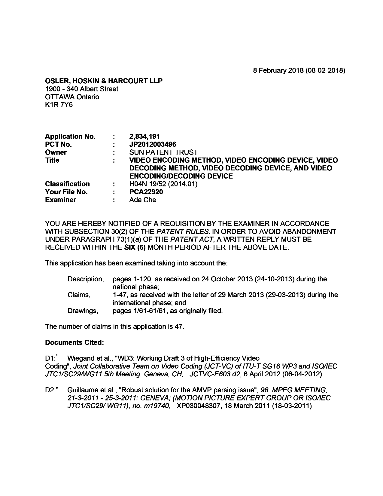 Canadian Patent Document 2834191. Examiner Requisition 20180208. Image 1 of 6