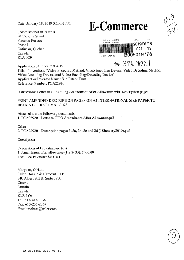 Document de brevet canadien 2834191. Modification après acceptation 20190118. Image 1 de 9