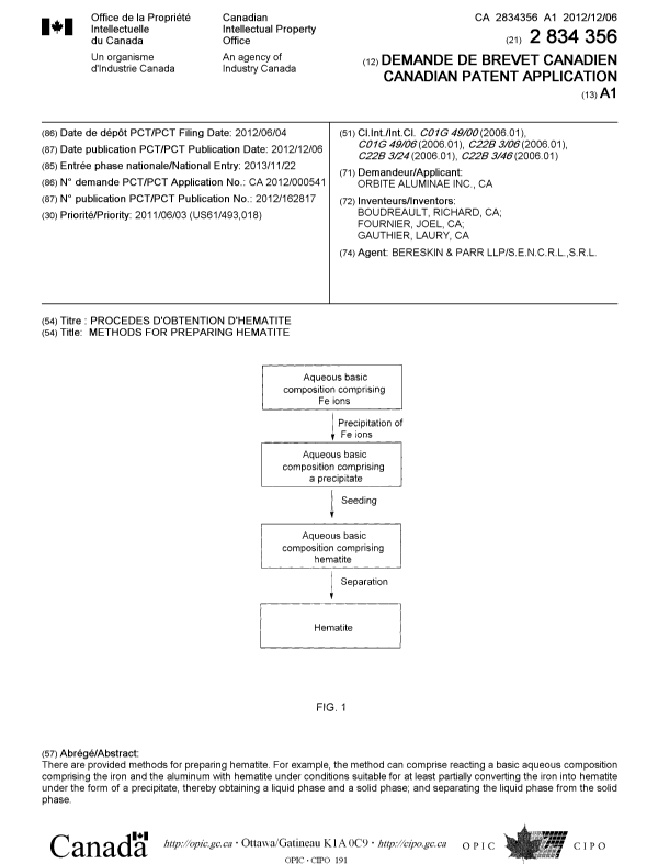 Canadian Patent Document 2834356. Cover Page 20121211. Image 1 of 1