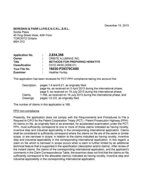 Document de brevet canadien 2834356. Correspondance 20121213. Image 1 de 2