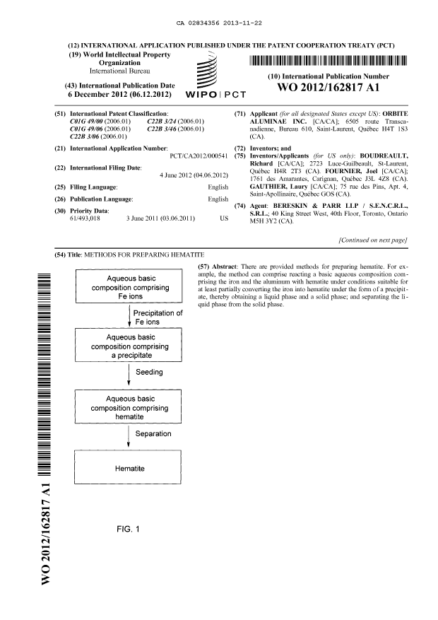 Document de brevet canadien 2834356. Abrégé 20121222. Image 1 de 2