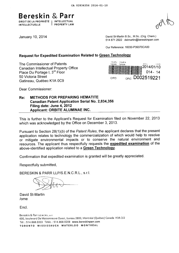 Document de brevet canadien 2834356. Correspondance 20131210. Image 1 de 1