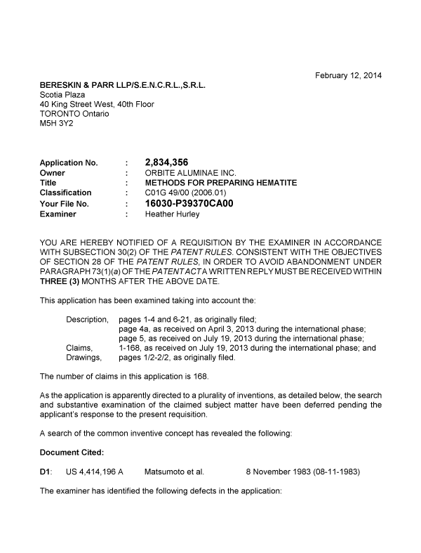 Document de brevet canadien 2834356. Poursuite-Amendment 20131212. Image 1 de 4