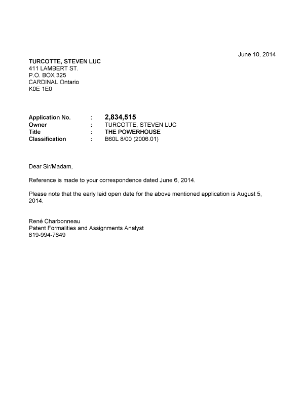 Document de brevet canadien 2834515. Correspondance 20131210. Image 1 de 1