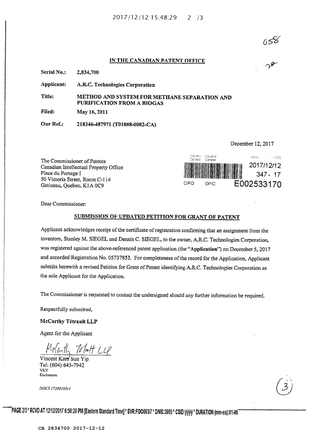 Canadian Patent Document 2834700. Correspondence 20161212. Image 1 of 3