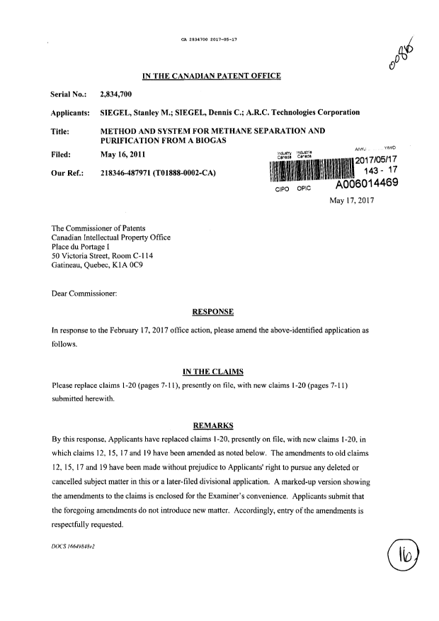Document de brevet canadien 2834700. Modification 20170517. Image 1 de 16