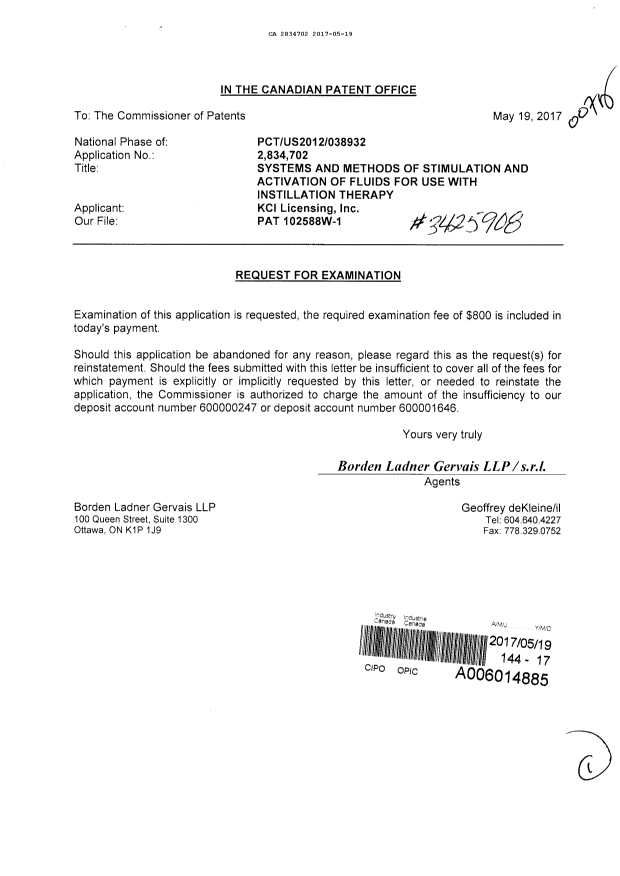 Document de brevet canadien 2834702. Requête d'examen 20170519. Image 1 de 1